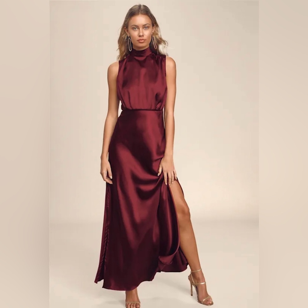 Lulu's Burgundy Satin Maxi Dress